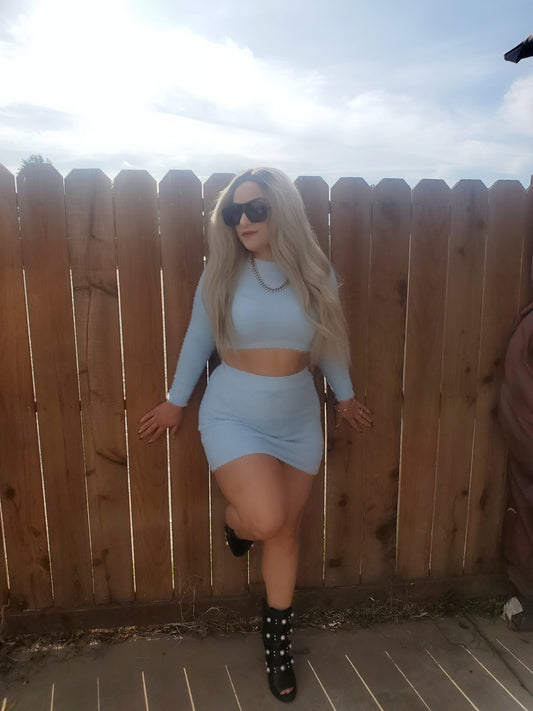 Cozy Blues two piece skirt and long sleeve crop top